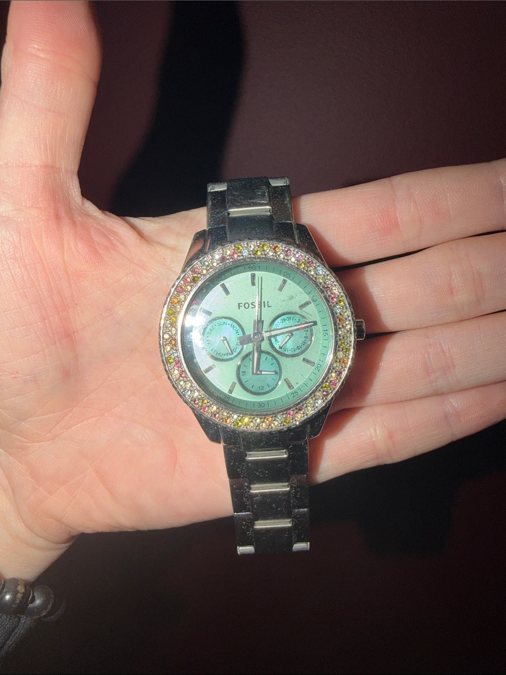 Fossil Mint Green Dial Watch with Multicolored Crystal Bezel